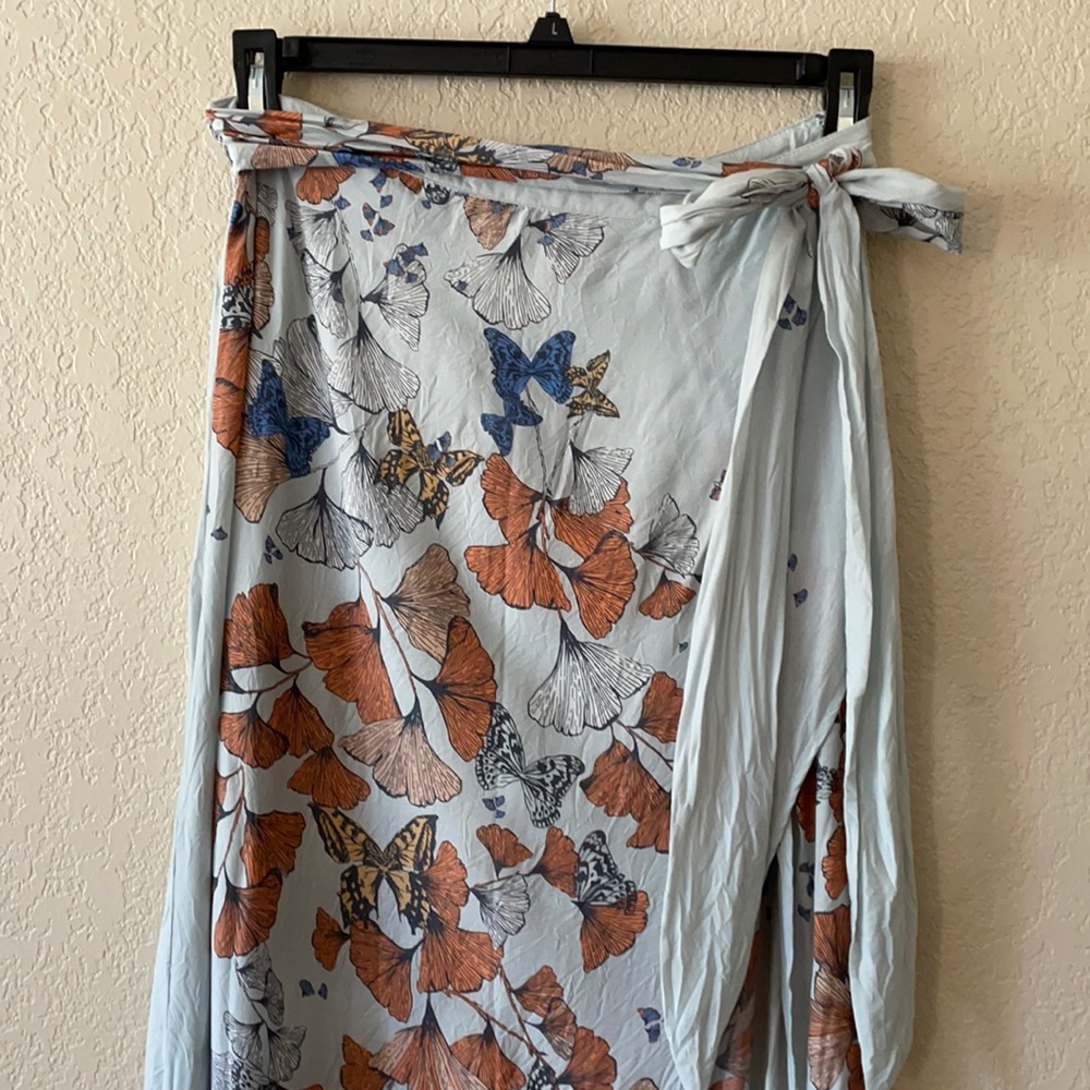 Free People Light Blue Wrap Maxi Skirt with Orange & Blue Floral Print